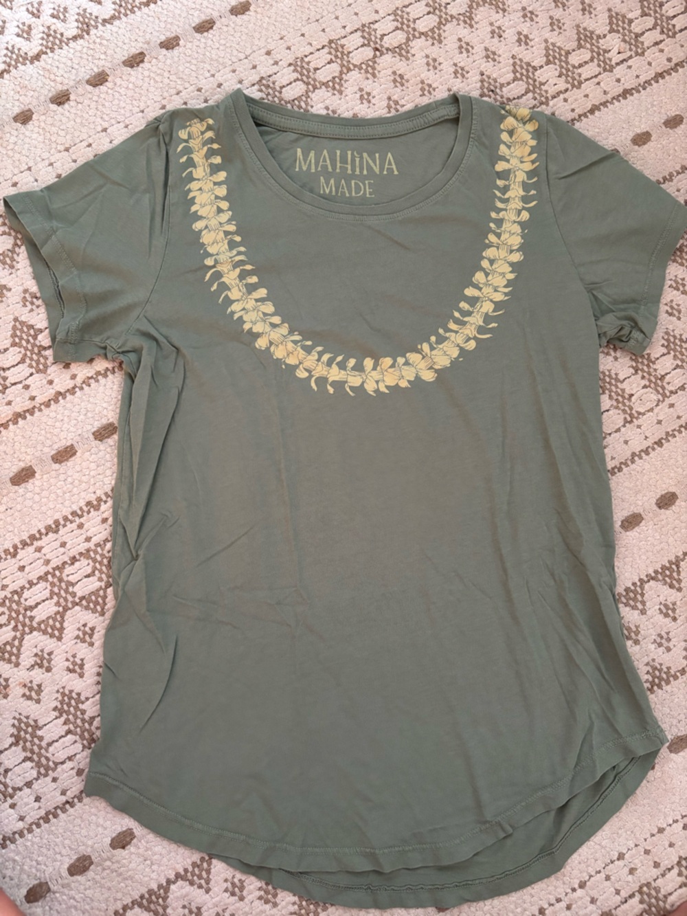 Mahina Made Olive Green Tee with Yellow Puakenikeni